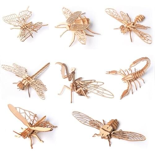 Laser Cutting DIY 3D Wooden Puzzle Board Insect Animal Handmade Educational Assembly Toy Gift Decoration for Children Child