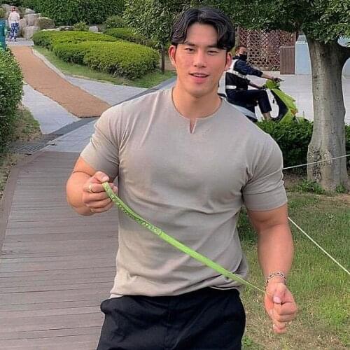 New Men V Neck Short Sleeve T Shirt Fitness Slim Fit Sports Strips T-shirt Male Solid Fashion Tees Tops Summer Fashion Clothing