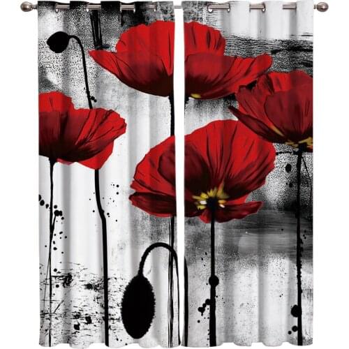 Ink Painting Poppy Curtain Rod Living Room Curtains Outdoor Kitchen Indoor Floral Curtain Panels With Grommets Valance Curtains
