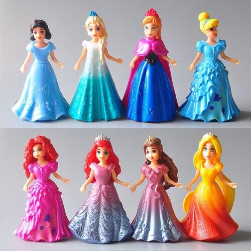 Disney Princess Magic Clip Dolls Dress Magiclip 8pcs/set 9cm Action Figure Anime Decoration Collection Figurine Toys Model Child