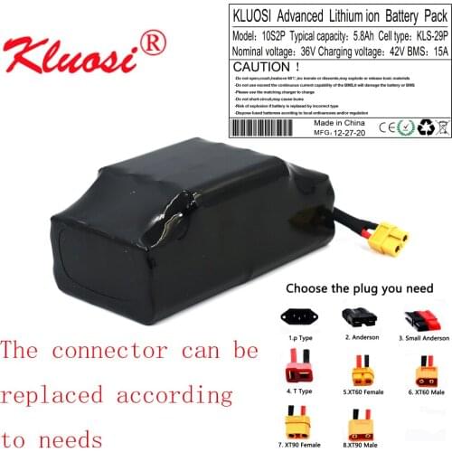 KLUOSI 10S2P 36V 5.8Ah 6Ah 42V Lithium Battery Pack for Balance Twist Car Capacity Wheelbarrow Balancing Scooter with 15A BMS