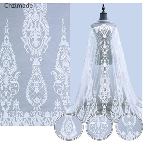 Lychee Life 1Yard Polyester Grids Flower Pattern Embroidered Net 3D Lace Fabric Ivory For Bridal Costume Diy Sewing Accessories