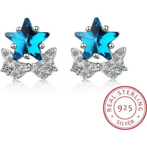 Cute Blue Crystal Star Bowknot Stud Earrings For Women 925 Sterling Silver Zirconia Earrings Oorbellen Pendientes