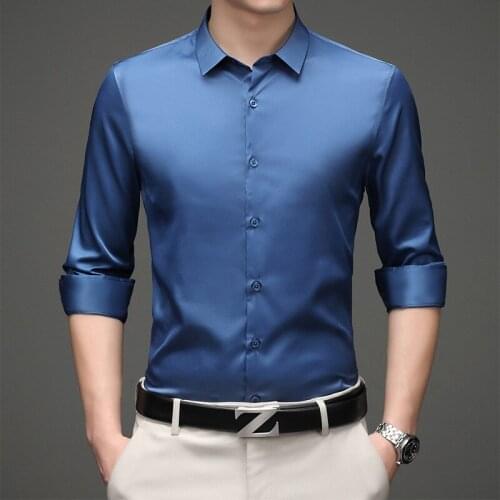 Blue Shirts Men 2021 New Casual Long Sleeve Satin Mens Shirt Slim Business Work Camisas Non Iron Solid Chemise Homme 26+Colors