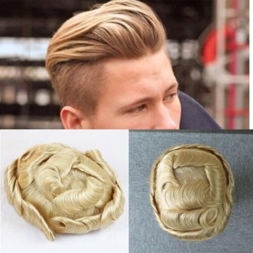 PU+mono base male Toupee hair system Remy 100% Human For Men Moda Masculina Bleached and tiny Knot Hair Black & 613 Colors Color