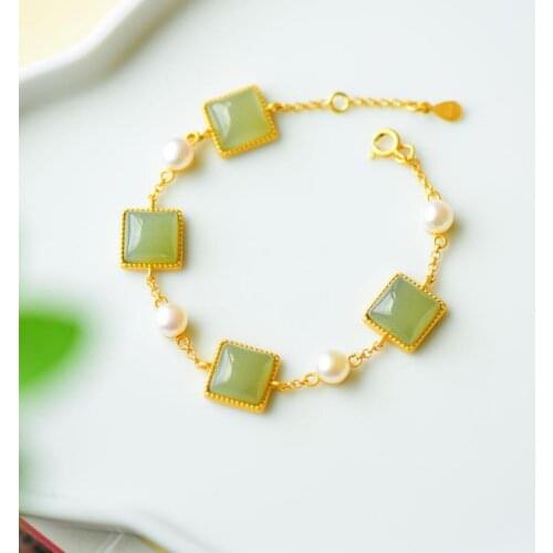 Natural Hetian Jade Gray Jade Bracelet Geometric Shape Embellishment Fresh Water Pearl Simplicity Stylish Adjustable Length