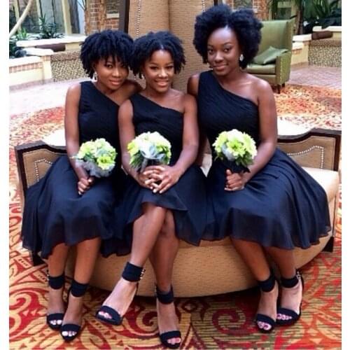 Cheap Sexy one shoulder high quality handmade A line dark blue chiffon short bridesmaid dresses 2015 knee-length pleats party