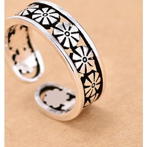 New Vintage Thai Silver Flower Opening Rings For Women Jewelry Simple Personality Party Gift Ring SAR30