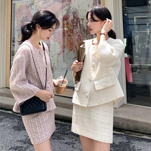 Autumn Winter Tweed 2 Piece Set Women Tweed Short Jacket Wool Coat+Bodycon Pencil Skirt Suit sets