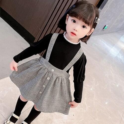 Autumn Korean Lovely Girls Princess Clothing Set Black Puff Sleeve Bottoming Shirt+Plaid Overall Skirt Two Piece Elegant Outfit