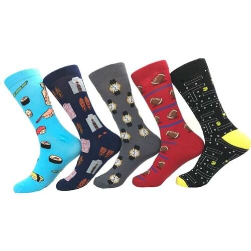 PEONFLY Cartoon Sushi Clothes Watch Maze Pattern Colorful Man Business Cotton Socks Male Funny Street Skate Socks Autumn Winter