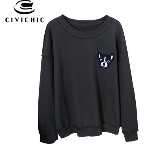 CIVI CHIC Stylish Puppy Embroidery Women Hoodie Bulldog Pullovers Retro Cotton Tops Vintage Loose Sweatshirt Dog Tees Wear WHD20