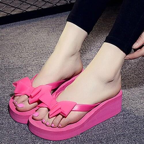 Summer Woman Shoes Platform Bath Slippers Bow Mid Wedge Heel Beach Flip Flops High Heel Slippers For Women