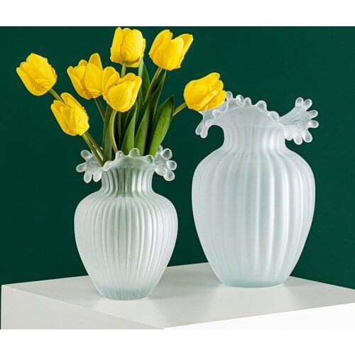 Modern Frosted Glass Wave Mouth Glass Vase Flower Arrangement Dried Flowers Hydroponic Flower Vase Living Room Office Decoration