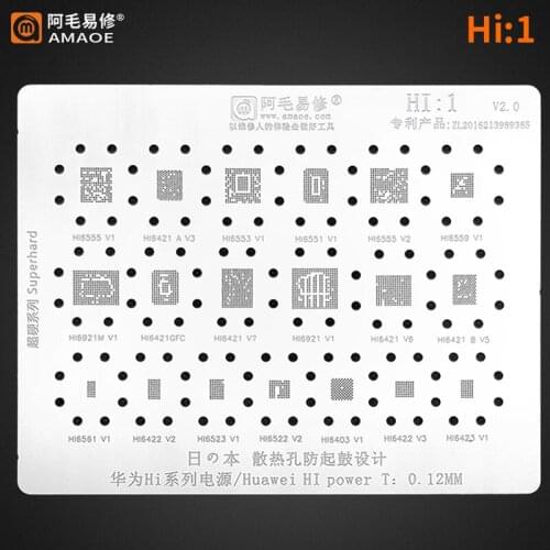 Amao HI1 BGA Reballing Stencil For HUAWEI 6555 HI6521M HI6561 HI6422 HI6553 HI6421 HI6523 HI6551 HI6921 Power IC Chip Steel Mesh