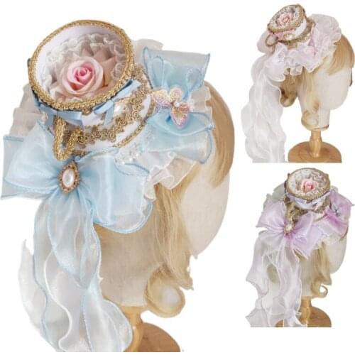 Lolita Vintage Round Top Hat Ruffled Lace Bow Pearl Pendant Tea Party Bonnet Cap Hair Clip Royal Anime Cosplay Headpiece