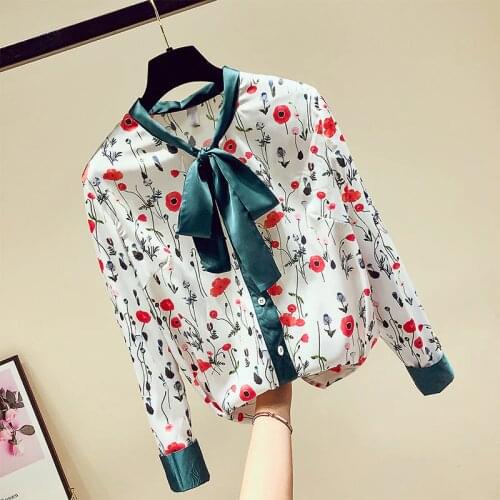 Print Shirt Women 2019 Female Korean Fashion Clothing Vintage Long Sleeve Bow Collar Button Up Shirts Womens Tops and Blouses