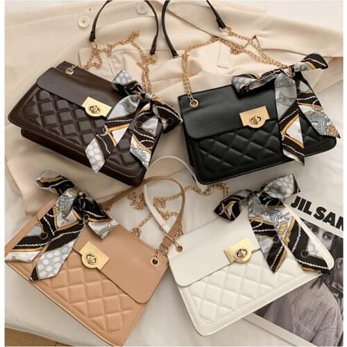 PU Leather Silk Scarf Shoulder Bag for Women 2021 Simple Luxury Solid Color Crossbody Bag Ladie Design Fashion Handbag and Purse