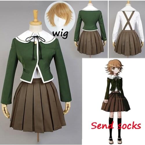 6PCS Danganronpa Fujisaki Chihiro Cosplay women School Uniform Coat Shirt Dress Outfit Anime Cosplay Costumes and wig Halloween