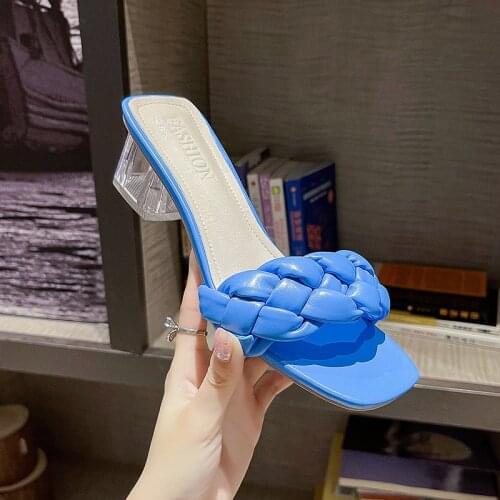 Newly Arrived Women 5cm High Heels Woven Design Pumps Mules Summer Sandals Middle Heels Slippers Cheap Stripper Blue Shoes 2021