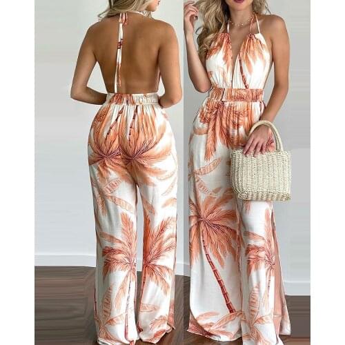 2021 Women Summer Tropical Print Halter V Neck Jumpsuit Backless Sexy Casual Beachwear Vacation Sleeveless Jumpsuits