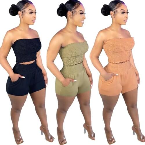 Women Set Solid Sleeveless Strapless Crop Tops Pockets Shorts Two 2 Piece Sets Sexy Tracksuit Fashion Outfit Summer 2021