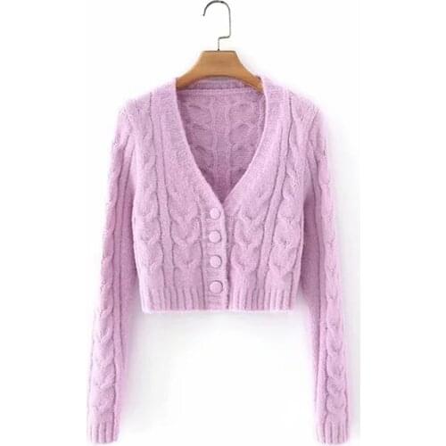 Women New Sweet Girl Solid Color V-Neck Sweater Retro Simplicity Long Sleeve Short Cardigan Chic Top