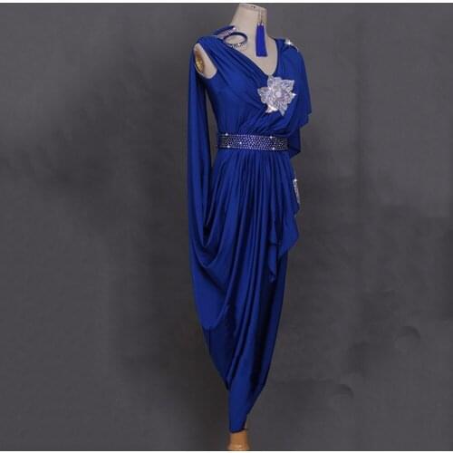 Good Sale Latin Dancing Dresses For Ladies Blue Black Rhinestone Skirt Suit Women Ballroom Rehearsal Stage Performance Dress1194