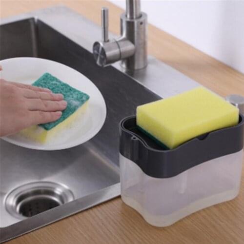 2-in-1 Soap Dispenser and Sponge Caddy Push-type Liquid Box Detergent Automatic Dosing Device Scouring Pad Cleaning Brush