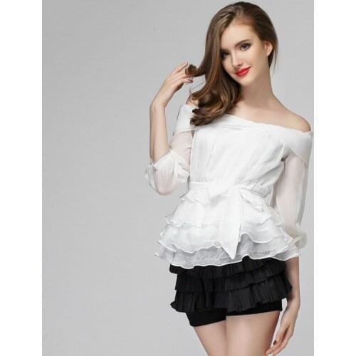 #2709 Ladies OL Clothing High Quality Tie Waist Chiffon Off Shoulder Crop Tops White/Pink Sexy Half Sleeve Blouse Femme Elegant