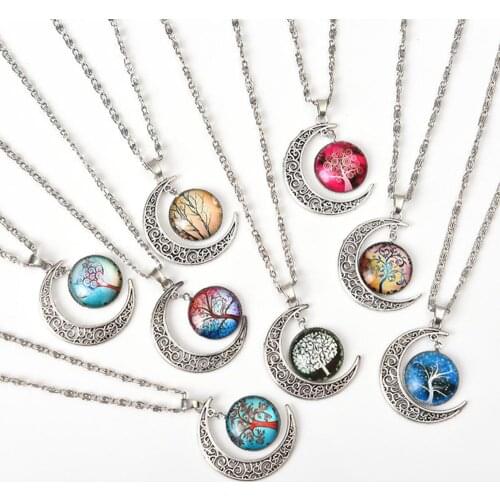 24pcs/Lots Vintage Tree of Life Necklaces Moon Women Pendant Necklaces Hollow Carved Mix Jewelry Styles