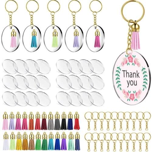 90pcs Gold Acrylic Transparent Circle Discs Circle Key Chains Clear Acrylic Keychain Blanks Tassel Pendant Keyring for DIY Craft