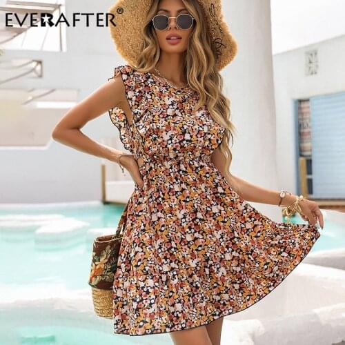 EVERAFTER Floral Print Pink A-line Dress Women Ruffle Sleeveless Elastic Waist Elegant Summer Dress Button Beach Midi Dress 2021