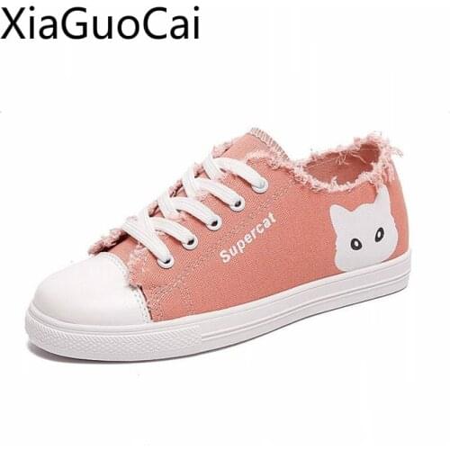 Summer Cute Women Canvas Shoes Summer Lace Up Round Toe White Cat Women Flat Casual Shoes Rubber Sneakers