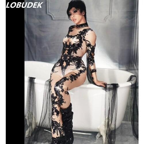 Vintage Printing Black Sequins Nude Color Jumpsuit Big Stretch Tights Rompers Pole Dancing Costume Bar Lady DJ Singer Stage Wear