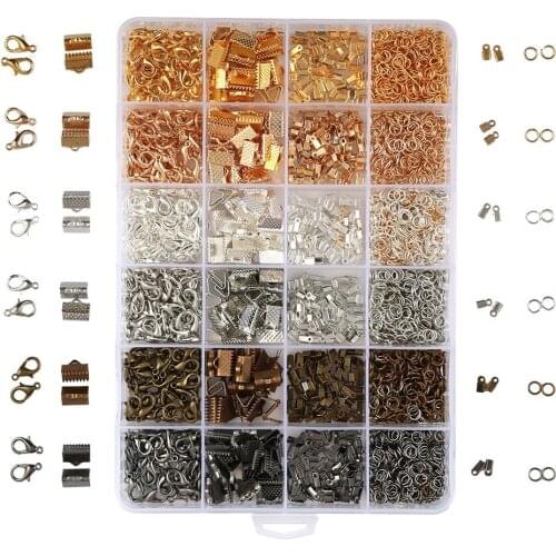 2460PCS/Box 24 Style 6 Color Jewelry Findings Kit Open Jump Rings Lobster Clasps Cord Ends Ribbon Ends for Jewelry Making