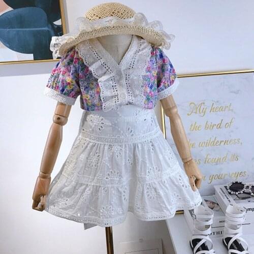Summer New Girl Clothes Suit Floral Blouse Top+ Lace Hollow White Skirt 2pcs Country Style Baby Kids Suit ChildrenS Clothing