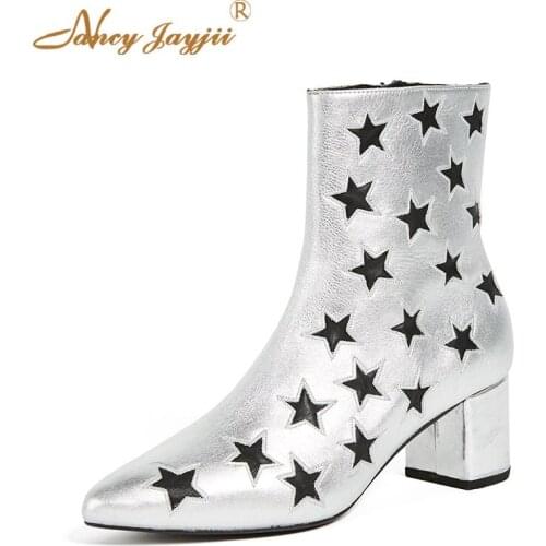 Silver Stars Mid Chunky Heel Ankle Boots Short Booties Pointed Toe Zipper Side Ladies Shoes Dress Spring 2019 Trendy Size 15 16