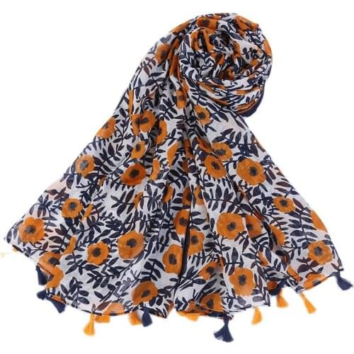 2021 Newest Poppy Floral Printed Scarf Hijabs Tassels Women Shawls Cotton Viscose Muslim Head Wraps Fashion Pashmina 180*90Cm