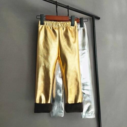 Autumn Winter Children Pants Gold Silver Faux Leather Plush Velvet Pant Girls Shiny Keep Warm Trousers Kids Leggings