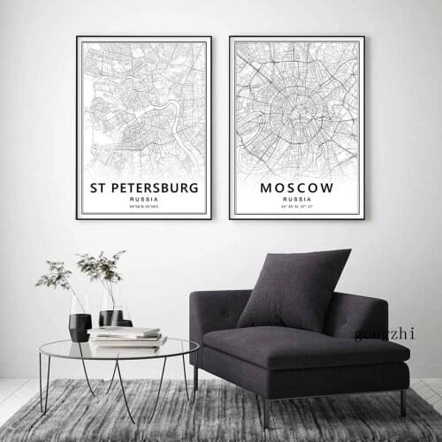 Moscow St Petersburg City Map Russia Posters Black and White Canvas Painting and Prints Wall Art Pictures for Living Room Decor
