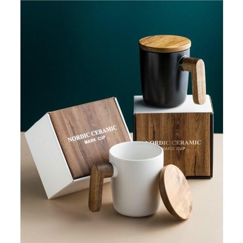 Gift Package Wooden Handle with Cover coffee cup Lovers coffee Mugs Ceramic coffee Mug cup set wooden coffee cup