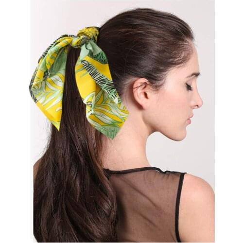 Bohemia 1Pcs Satin Printed Leaves Bows Hair Band Rope Scrunchies Ponytail Holder Elastic Gum for Women Girls Hair Accessories