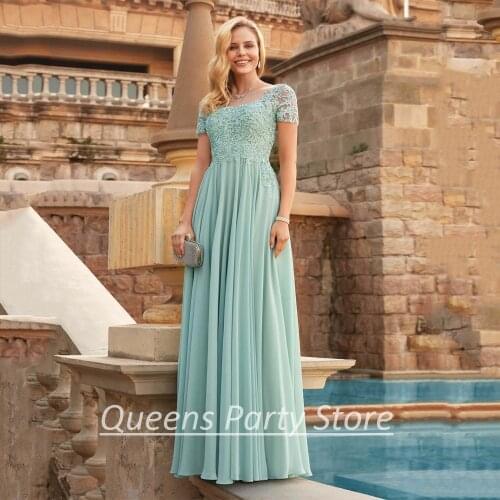 Elegant Short Sleeves Mother Gowns of Groom Scoop Beading Applique A Line Chiffon Long Party Dresses Mother of The Bride Dress
