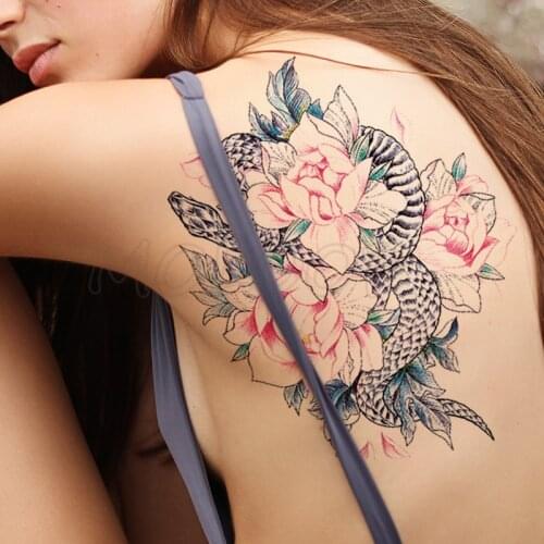 Temporary Tattoo Stickers Pink Rose Flower Snake Fake Tatto Waterproof Tatoo Back Leg Arm Belly Big Size for Women Men Girl