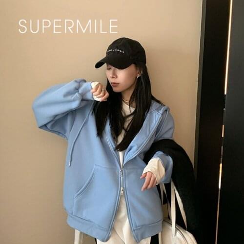 2021 New Women Zip-Up Sweatshirt Lazy Plush and Thick Sport Coat Casual Solid Hoodies Ivory White Grey Tops Streetwear Pullover