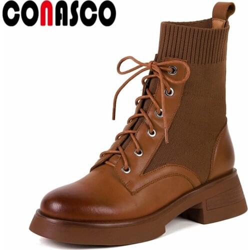 CONASCO Fashion Women Ankle Boots Autumn Winter Warm Genuine Leather Casual Basic Shoes Splicing Motorcycle Boots Woman