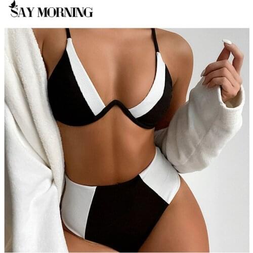 SAY MORNING Swimsuit U-Shaped Split High Waist Sexy Stitching Womens Swimwear Bikini Set New 2021 Beachwear Bathing Suit Swim