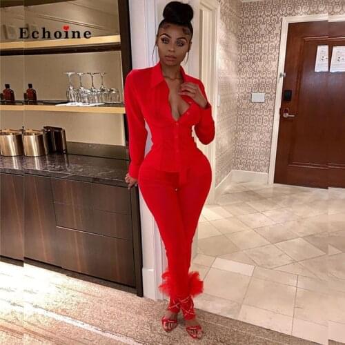 Sexy Semi-Transparent 2 Pcs Set Suit Tops Women Tracksuit Single Button Pocket Shirt Long Pants Ladies Christmas Flirty Clothes
