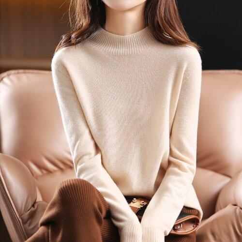 New womens pullover casual solid color half high neck wool sweater plus size knitted cashmere sweater ladies top hot